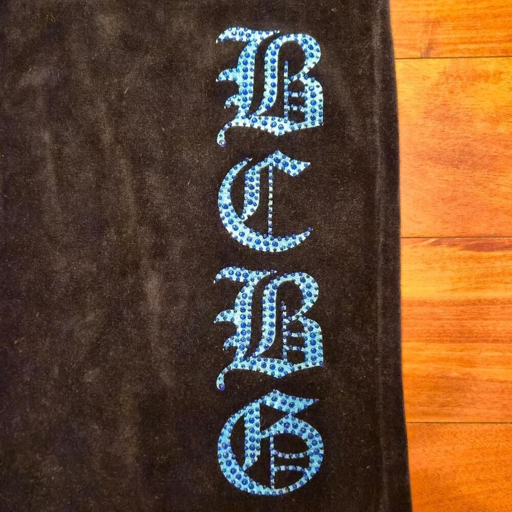 BCBG Velour Track Pants Black Blue Rhinestone Logo Y2K XL 903333